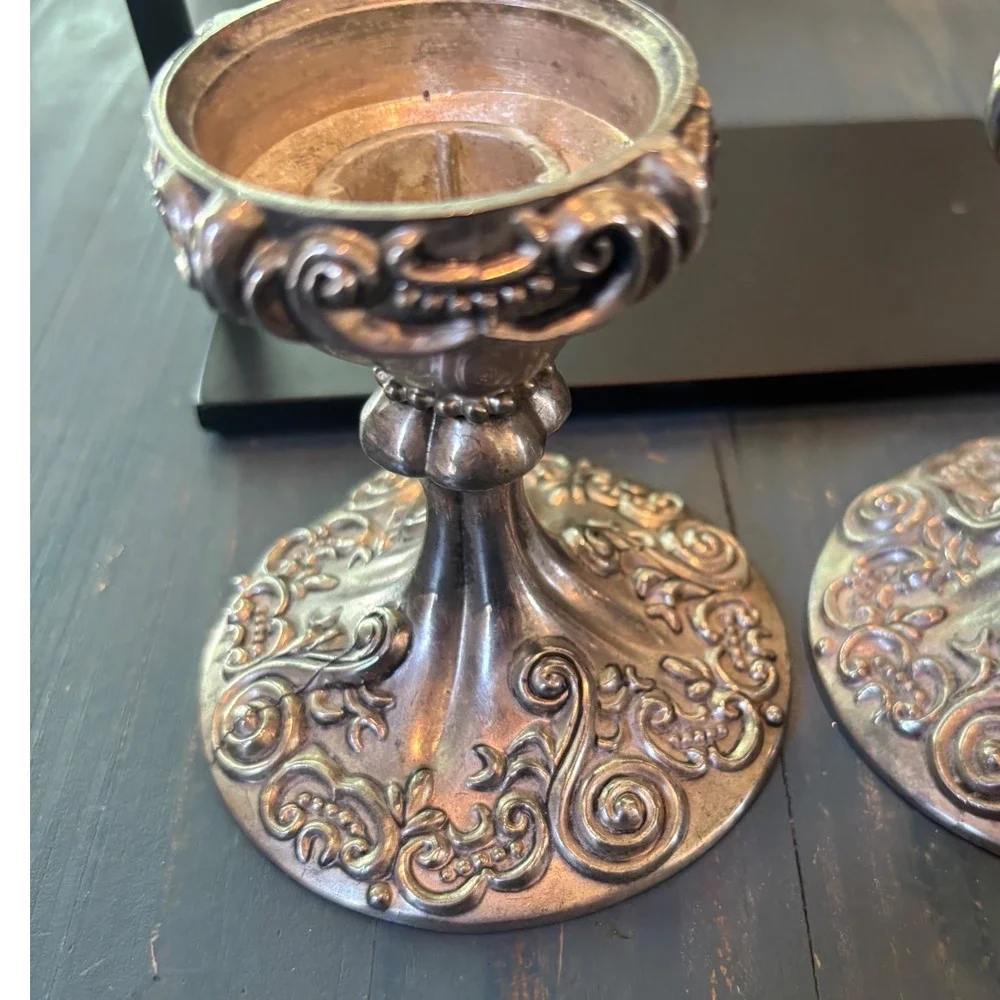 Godinger Silver Plated Candlestick Holders Set of 2 Baroque Scroll Design 4 inch